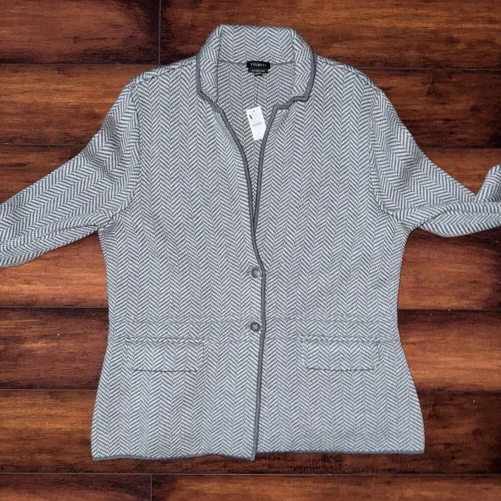 NWT Talbots 100% Merino Wool Knit Cardigan Blazer Gray Button Front Size L